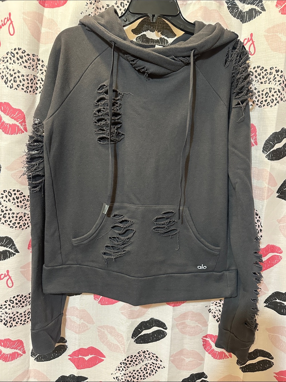 ALO Yoga Distressed Charcoal Gray Drawstring Hoodie